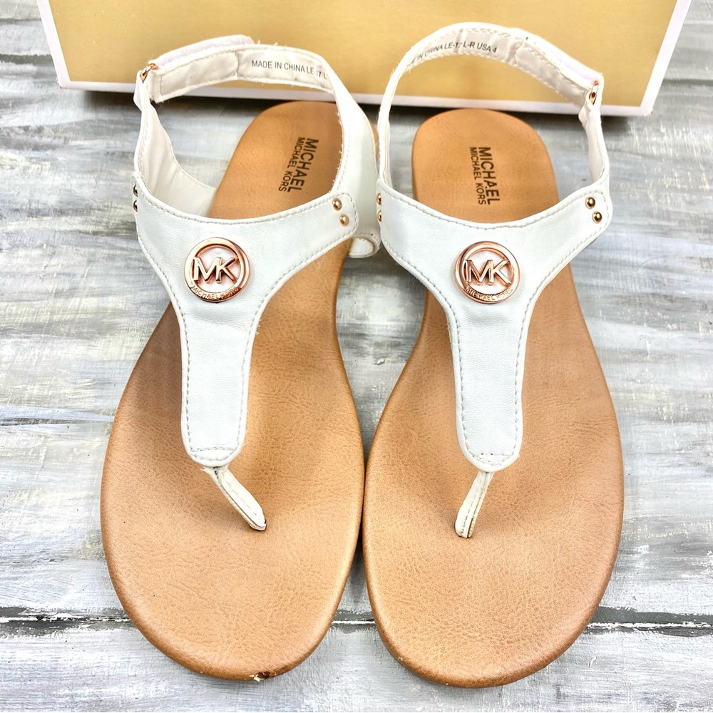Michael Michael Kors White Thong Sandal “Sumac” Ankle Strap Rose Gold In Box 4M - Picture 6 of 16